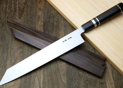 Yoshihiro Mizu Honyaki White Steel #2 Mirror Polished Mt. Fuji with Full Moon Kiritsuke with Oct. Ebony Triple Nickel Silver Ring Handle Ebony Saya