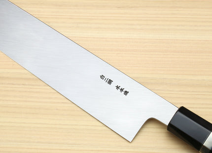 Yoshihiro Mizu Honyaki White Steel #2 Mirror Polished Mt. Fuji with Full Moon Kiritsuke with Oct. Ebony Triple Nickel Silver Ring Handle Ebony Saya
