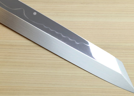 Yoshihiro Mizu Honyaki White Steel #2 Mirror Polished Mt. Fuji with Full Moon Kiritsuke with Oct. Ebony Triple Nickel Silver Ring Handle Ebony Saya