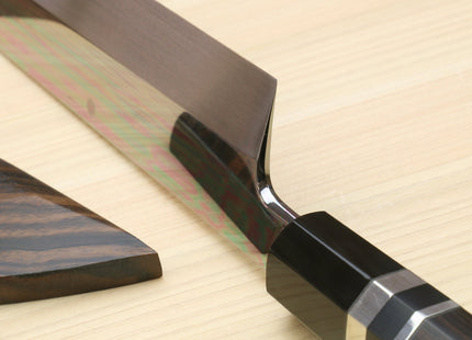 Yoshihiro Mizu Honyaki White Steel #2 Mirror Polished Mt. Fuji with Full Moon Kiritsuke with Oct. Ebony Triple Nickel Silver Ring Handle Ebony Saya