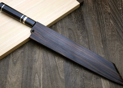 Yoshihiro Mizu Honyaki White Steel #2 Mirror Polished Mt. Fuji with Full Moon Kiritsuke with Oct. Ebony Triple Nickel Silver Ring Handle Ebony Saya