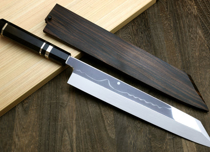 Yoshihiro Mizu Honyaki White Steel #2 Mirror Polished Mt. Fuji with Full Moon Kiritsuke with Oct. Ebony Triple Nickel Silver Ring Handle Ebony Saya