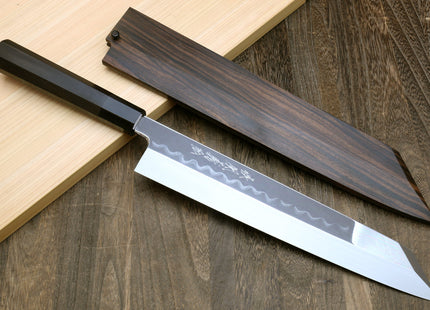 Yoshihiro Mizu Honyaki White Steel #2 Mirror-Polished Namiukashi Kiritsuke Knife Ebony wood Handle & Ebony Saya