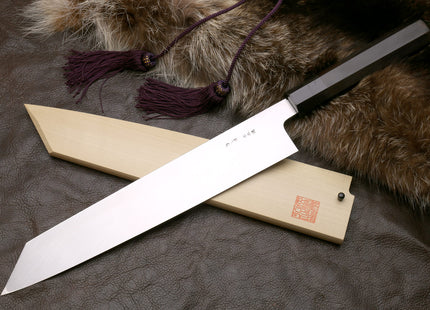 Yoshihiro Mizu Honyaki White Steel #2 Mirror-Polished Namiukashi Kiritsuke Knife Ebony wood Handle & Saya