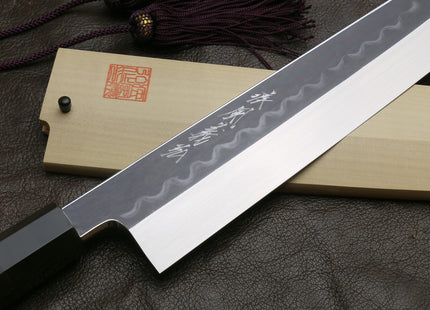 Yoshihiro Mizu Honyaki White Steel #2 Mirror-Polished Namiukashi Kiritsuke Knife Ebony wood Handle & Saya