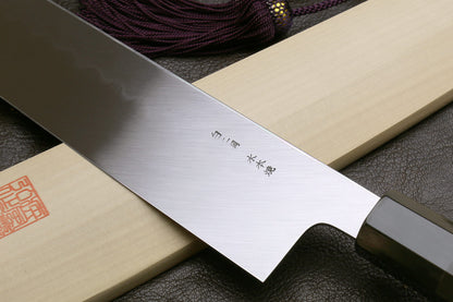 Yoshihiro Mizu Honyaki White Steel #2 Mirror-Polished Namiukashi Kiritsuke Knife Ebony wood Handle & Saya