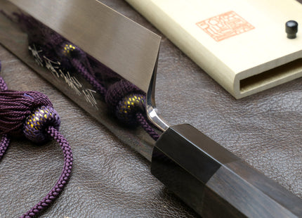 Yoshihiro Mizu Honyaki White Steel #2 Mirror-Polished Namiukashi Kiritsuke Knife Ebony wood Handle & Saya