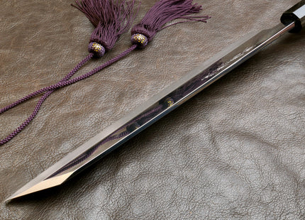 Yoshihiro Mizu Honyaki White Steel #2 Mirror-Polished Namiukashi Kiritsuke Knife Ebony wood Handle & Saya