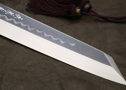 Yoshihiro Mizu Honyaki White Steel #2 Mirror-Polished Namiukashi Kiritsuke Knife Ebony wood Handle & Saya