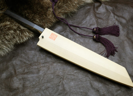 Yoshihiro Mizu Honyaki White Steel #2 Mirror-Polished Namiukashi Kiritsuke Knife Ebony wood Handle & Saya