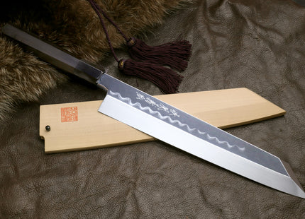 Yoshihiro Mizu Honyaki White Steel #2 Mirror-Polished Namiukashi Kiritsuke Knife Ebony wood Handle & Saya