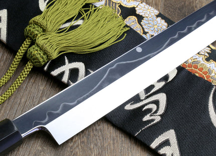 Yoshihiro Mizu Honyaki White Steel Mirror-Finished Mt. Fuji with Full Moon (*Crescent Moon on back) Yanagi Kiritsuke Premium Ebony Handle with Triple Nickel Silver Ring