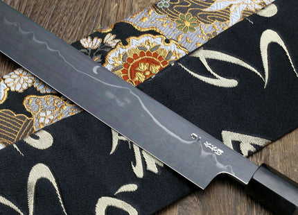 Yoshihiro Mizu Honyaki White Steel Mirror-Finished Mt. Fuji with Full Moon (*Crescent Moon on back) Yanagi Kiritsuke Premium Ebony Handle with Triple Nickel Silver Ring