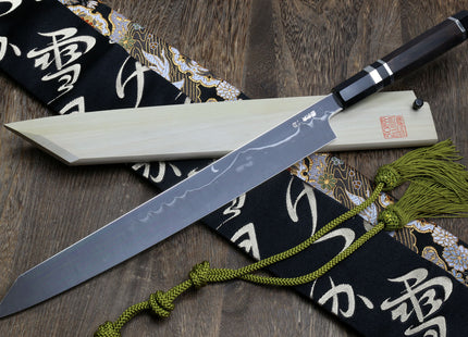Yoshihiro Mizu Honyaki White Steel Mirror-Finished Mt. Fuji with Full Moon (*Crescent Moon on back) Yanagi Kiritsuke Premium Ebony Handle with Triple Nickel Silver Ring