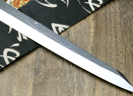 Yoshihiro Mizu Honyaki White Steel Mirror-Finished Mt. Fuji with Full Moon (*Crescent Moon on back) Yanagi Kiritsuke Premium Ebony Handle with Triple Nickel Silver Ring