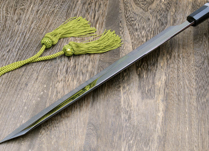 Yoshihiro Mizu Honyaki White Steel Mirror-Finished Mt. Fuji with Full Moon (*Crescent Moon on back) Yanagi Kiritsuke Premium Ebony Handle with Triple Nickel Silver Ring