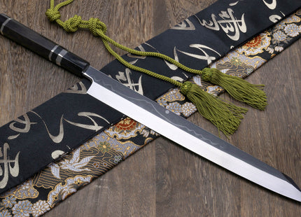 Yoshihiro Mizu Honyaki White Steel Mirror-Finished Mt. Fuji with Full Moon (*Crescent Moon on back) Yanagi Kiritsuke Premium Ebony Handle with Triple Nickel Silver Ring