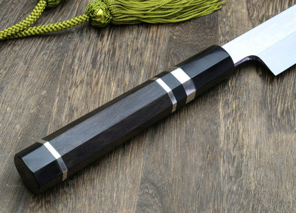 Yoshihiro Mizu Honyaki White Steel Mirror-Finished Mt. Fuji with Full Moon (*Crescent Moon on back) Yanagi Kiritsuke Premium Ebony Handle with Triple Nickel Silver Ring