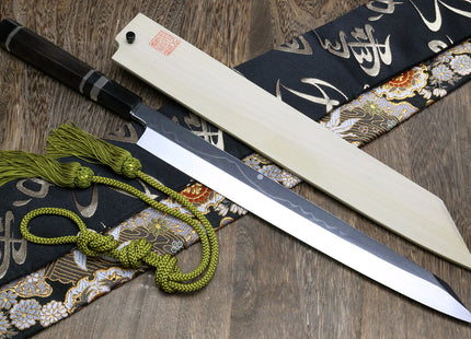 Yoshihiro Mizu Honyaki White Steel Mirror-Finished Mt. Fuji with Full Moon (*Crescent Moon on back) Yanagi Kiritsuke Premium Ebony Handle with Triple Nickel Silver Ring