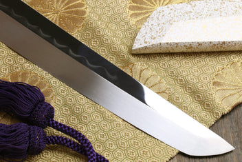 Japanese sushi sashimi knife with pointed blade tip, white handle cap, and purple cord