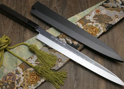 Yoshihiro Mizu Honyaki White Steel Mirror-Finished Namiukashi Yanagi Ebony Handle