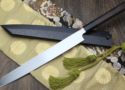 Yoshihiro Mizu Honyaki White Steel Mirror-Finished Namiukashi Yanagi Kiritsuke Ebony Handle