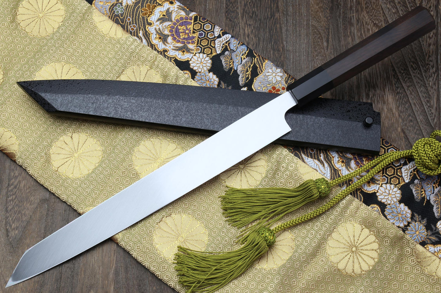 Yoshihiro Mizu Honyaki White Steel Mirror-Finished Namiukashi Yanagi Kiritsuke Ebony Handle