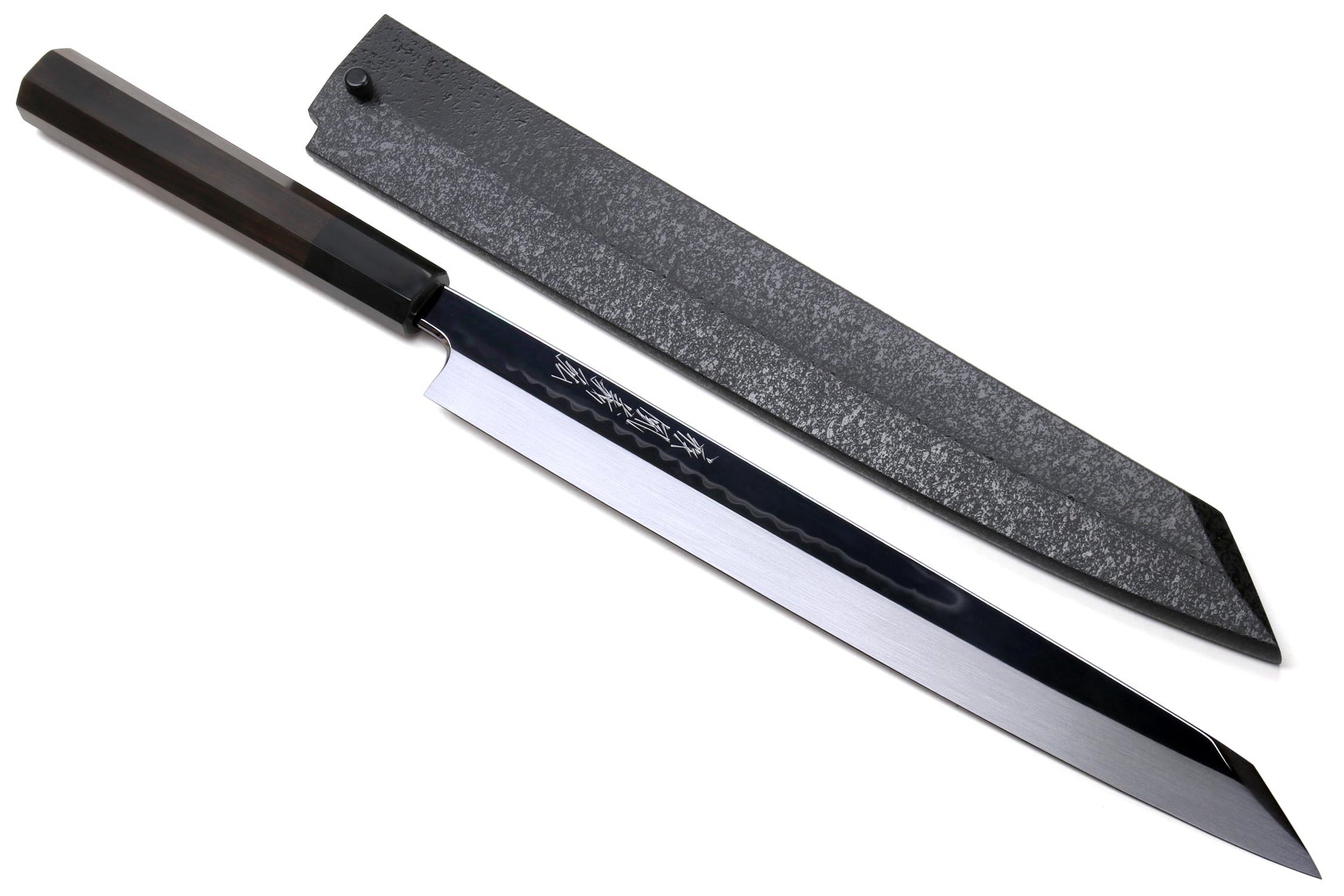 Yoshihiro Mizu Honyaki White Steel Mirror-Finished Namiukashi Yanagi Kiritsuke Ebony Handle