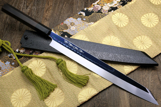 Yoshihiro Mizu Honyaki White Steel Mirror-Finished Namiukashi Yanagi Kiritsuke with Premium Ebony Handle