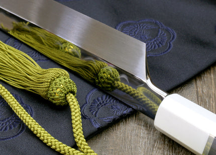 Yoshihiro Mizu Honyaki White Steel Mirror-Finished Namiukashi Yanagi Kiritsuke Sushi Sashimi Japanese Knife with Double Nickel Silver Ring Corian Ebony Handle
