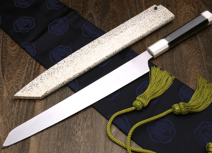 Yoshihiro Mizu Honyaki White Steel Mirror-Finished Namiukashi Yanagi Kiritsuke Sushi Sashimi Japanese Knife with Double Nickel Silver Ring Corian Ebony Handle