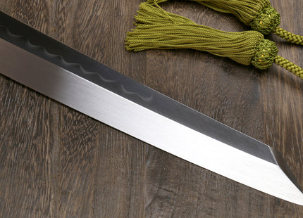 Yoshihiro Mizu Honyaki White Steel Mirror-Finished Namiukashi Yanagi Kiritsuke Sushi Sashimi Japanese Knife with Double Nickel Silver Ring Corian Ebony Handle