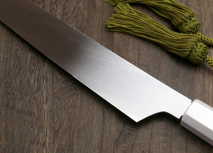 Yoshihiro Mizu Honyaki White Steel Mirror-Finished Namiukashi Yanagi Kiritsuke Sushi Sashimi Japanese Knife with Double Nickel Silver Ring Corian Ebony Handle