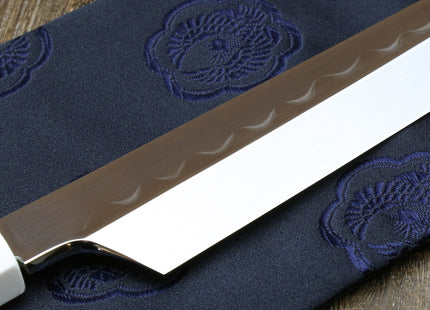 Yoshihiro Mizu Honyaki White Steel Mirror-Finished Namiukashi Yanagi Kiritsuke Sushi Sashimi Japanese Knife with Double Nickel Silver Ring Corian Ebony Handle
