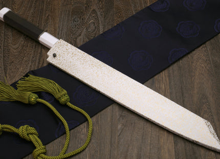 Yoshihiro Mizu Honyaki White Steel Mirror-Finished Namiukashi Yanagi Kiritsuke Sushi Sashimi Japanese Knife with Double Nickel Silver Ring Corian Ebony Handle