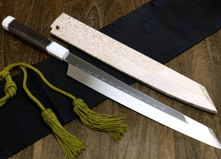 Yoshihiro Mizu Honyaki White Steel Mirror-Finished Namiukashi Yanagi Kiritsuke Sushi Sashimi Japanese Knife with Double Nickel Silver Ring Corian Ebony Handle