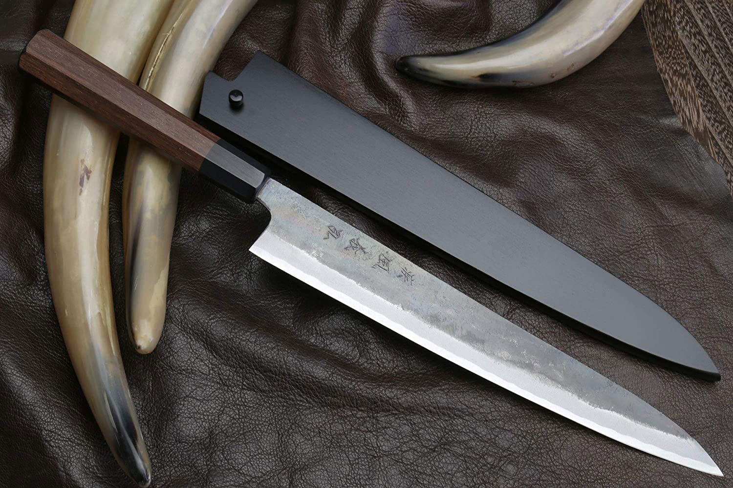 Yoshihiro Mizu Yaki Blue High Carbon Steel #1 Kurouchi Sujihiki Slicer Chef Knife with Shitan Wood Handle