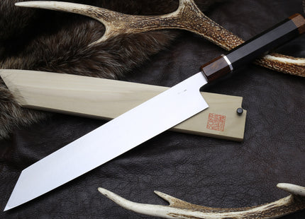 Yoshihiro Mizu Yaki Honyaki Aoko Blue Steel Mirror Finished Kiritsuke Japanese Multipurpose Knife Ebony Handle and Silver Ring