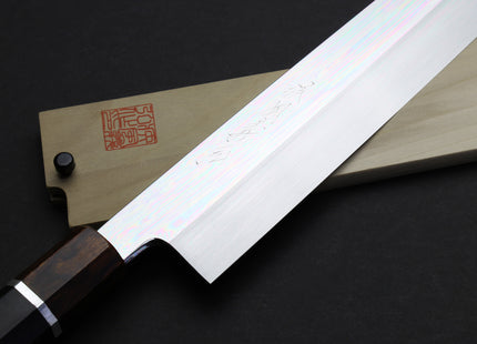 Yoshihiro Mizu Yaki Honyaki Aoko Blue Steel Mirror Finished Kiritsuke Japanese Multipurpose Knife Ebony Handle and Silver Ring