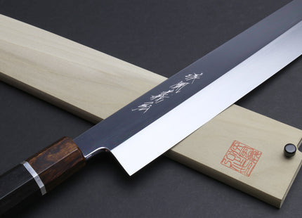Yoshihiro Mizu Yaki Honyaki Aoko Blue Steel Mirror Finished Kiritsuke Japanese Multipurpose Knife Ebony Handle and Silver Ring
