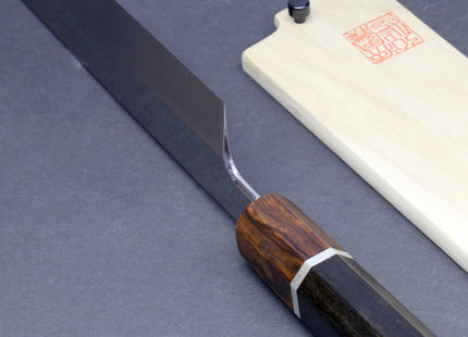 Yoshihiro Mizu Yaki Honyaki Aoko Blue Steel Mirror Finished Kiritsuke Japanese Multipurpose Knife Ebony Handle and Silver Ring