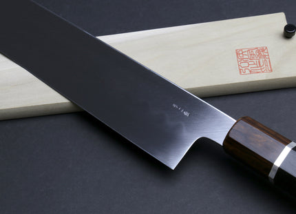 Yoshihiro Mizu Yaki Honyaki Aoko Blue Steel Mirror Finished Kiritsuke Japanese Multipurpose Knife Ebony Handle and Silver Ring