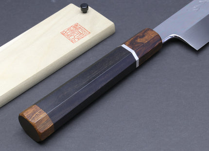 Yoshihiro Mizu Yaki Honyaki Aoko Blue Steel Mirror Finished Kiritsuke Japanese Multipurpose Knife Ebony Handle and Silver Ring
