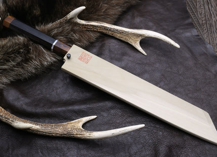 Yoshihiro Mizu Yaki Honyaki Aoko Blue Steel Mirror Finished Kiritsuke Japanese Multipurpose Knife Ebony Handle and Silver Ring