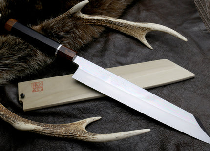 Yoshihiro Mizu Yaki Honyaki Aoko Blue Steel Mirror Finished Kiritsuke Japanese Multipurpose Knife Ebony Handle and Silver Ring