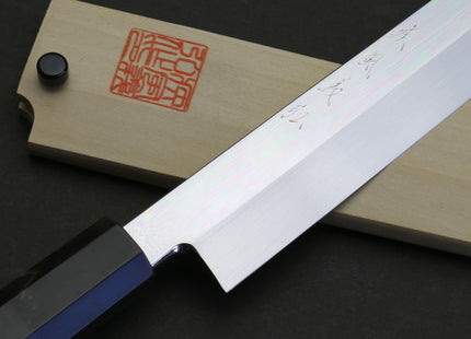 Yoshihiro Mizu Yaki Honyaki Aoko Blue Steel Mirror Polished Sakimaru Takobiki Sushi Knife Ebony Handle
