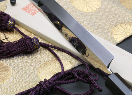 Yoshihiro Mizu Yaki Honyaki Aoko Blue Steel Mirror Polished Sakimaru Takobiki Sushi Knife Ebony Handle