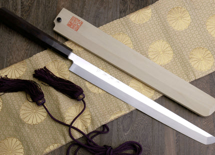Yoshihiro Mizu Yaki Honyaki Aoko Blue Steel Mirror Polished Sakimaru Takobiki Sushi Knife Ebony Handle