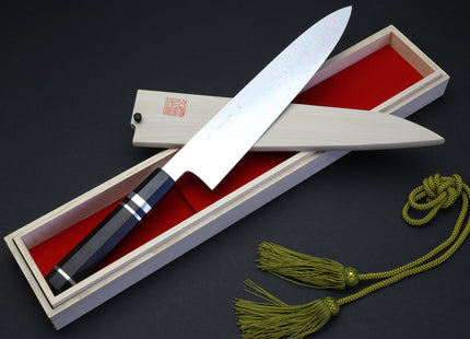 Yoshihiro Mizu Yaki Honyaki Blue Steel #2 Mirror Polished Wa Gyuto Japanese Chef Knife Triple Nickel Silver Ring Ebony Handle