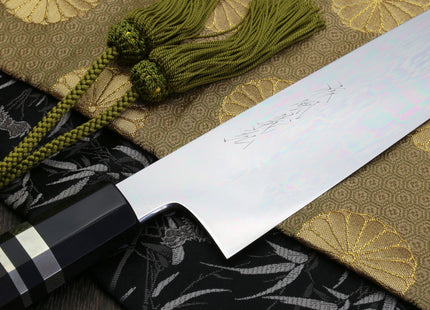 Yoshihiro Mizu Yaki Honyaki Blue Steel #2 Mirror Polished Wa Gyuto Japanese Chef Knife Triple Nickel Silver Ring Ebony Handle